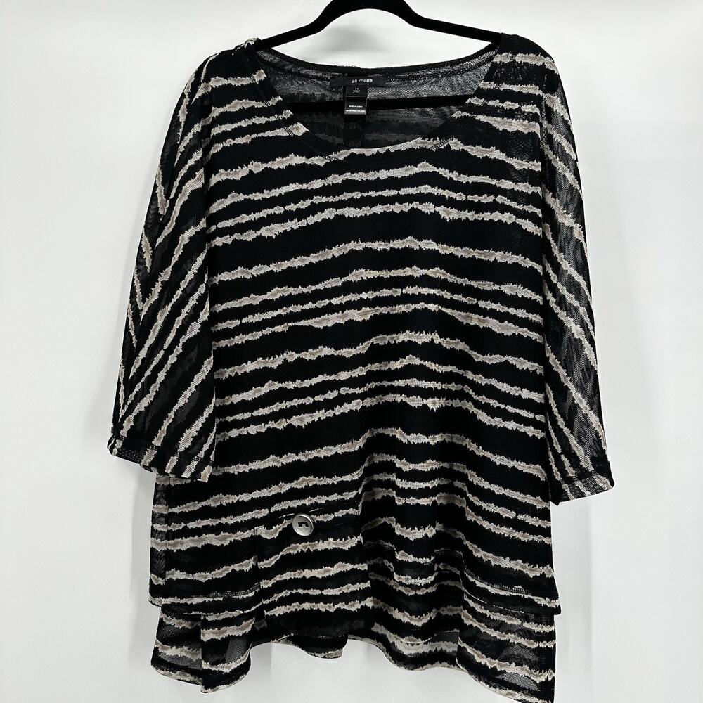 Ali Miles Top Shirt Tunic Womens 1X 1XL Black Mesh Stripe back Buttons Art